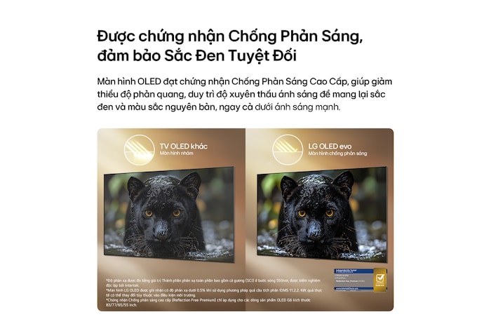 LG OLED evo AI W6 Wallpaper TV with Reflection Free Premium shows a side-by-side comparison against an anti-glare matte display, keeping the black jaguar image clear with deep blacks and fine texture, especially in bright environments, with an Intertek certification mark shown.